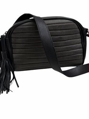 MJUS Leather Black Quilted Crossbody Camera Bag with Tassel